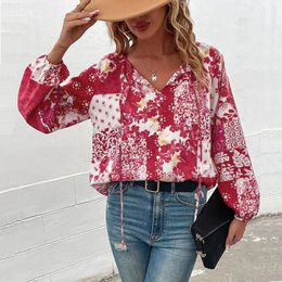 Women's Blouses Long Sleeve Top 2024 Autumn Clothes For Women Fashion Casual Loose Printed Round Neck Lace-Up Blouse Female S-XL