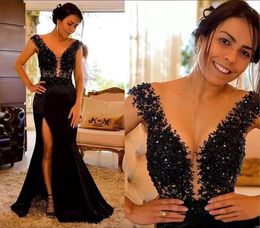Sexy Black Evening Dresses 2024 Sheer Neck Lace Appliques Beaded Arabic Prom Dress Side Split Mermaid Formal Party Gowns