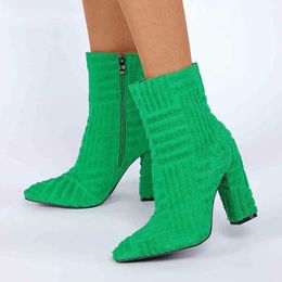Snow Boots Green Corduroy High Heels Ankle Boots For Party Pointed Toe Women Boots Ladies Shoes Mujer Womens Booties 220913