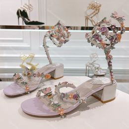 Rene Caovilla Sandals with Flower Bouquet Designer Womens Dress Shoes 40mm Chunky heels Snake Wrapped Feet High heel Evening Slingbacks 35-43 factory footwear