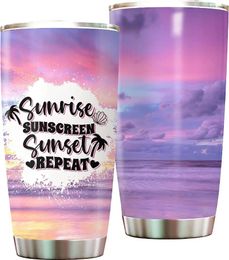 Tumblers Sunset Beach Tumbler Cup With Lid - Happy Birthday Present Pink On The Stainless Steel 20oz For Ocean Lover