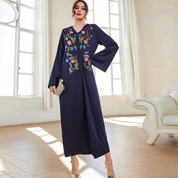 Casual Dresses Muslim Autumn Blue Robe Dress Abaya Fashion V-neck Embroidered