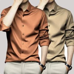 High Quality Orange Mens Long Sleeve Shirt Luxurious Wrinkle Resistant Non Ironing Solid Business Casual Dress S5XL 240219