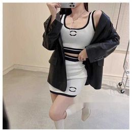 France paris Women Knit suits Piece Dress Suit Fashion Letter Print Tank Top Black knit Short Skirt Embroidery