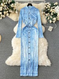 Casual Dresses SINGREINY Fashion Imitation Jeans Print Long Dress 2024 Stand Collar Sleeves Streetwear Vintage Sheath Bodycon