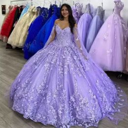 Liliowe lawendowe motyle quinceanera sukienki z peleryną koronką Słodka 16 sukienki meksykańskie suknie balowe vestidos de