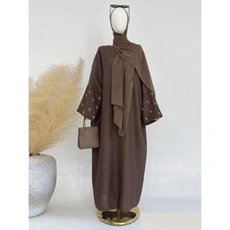 Ethnic Clothing Moon Embroidery Abaya Thin Linen Effect Fabric Batwing Sleeves Kimono Muslim Women Dubai Islamic Hijab Robe Ramadan Dhkn9