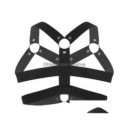 Catsuit Costumes Sexy Men Elastic Shoder Strap Chest Muscle Harness Belt With Metal O-Rings And Studs Fancy Club Party Costume Drop Dhjee