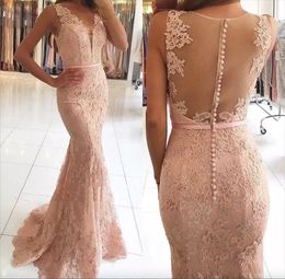 2024 Champagne blush Mermaid Prom Dresses modest V Neck with Beaded Lace fishtail Evening Gowns Sexy Illusion Back Cheap Party Gowns
