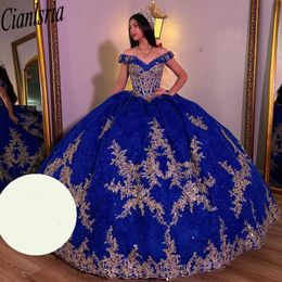 Royal Blue Off The Shoulder Pleat Ball Gown Quinceanera Dress Gold Appliques Lace Beading Corset Vestidos De XV Anos