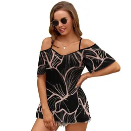 Women's T Shirts Modern Rose Gold Abstract Handdrawn Floral Pattern On Black Sexy And Club Fashion Female T-Shirt Short Sleeve Off Shoulder