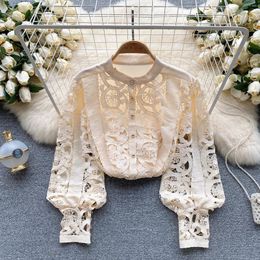 Women's Blouses Chic Sweet Long Sleeve Lace Hook Flower Hollow Blouse Elegant French Fashion Sexy Shirt Spring Autumn Women Top