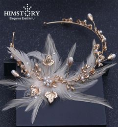 Himstory Baroque Vintage Gold Feather Crystal Pearl Headband Rhinestone Leaf Flower Hairband Wedding Hair Jewelry Accessories6513617