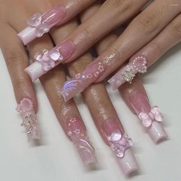 False Nails 24pcs Glitter Long Butterfly Design French Wearable Nail Tips With Glue Pink Colour Press On Women Diy Manicure