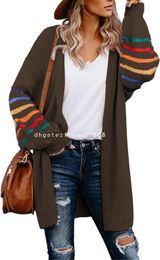 Women's Sweaters Women's Long Open Front Cardigans Striped Colour Block Loose Knit Sweaters Outwear Coat