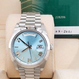 2024 Newest 228206 40mm Ice Blue Roman Platinum Watch Box Papers Watch Movement 904l Automatic Mens Bracelet waterproof Men's Watches