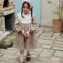 Girl Dresses 2024 Girls One Piece Dress Lace Fluffy Yarn Bow Sweet Loose Full Sleeveo-nack Soft Fashion Outdoor Spring Autumn