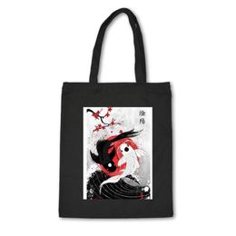 Shopping Bags Japanese Style Canvas Bag Cotton High Quality Black Unisex Handbag With Fish Print Custom Cloth Bolsas De Mano320Q