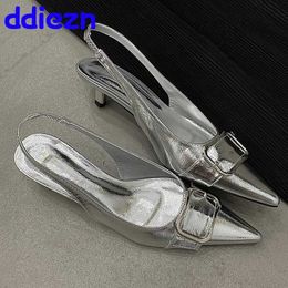Sandals Silver New Pointed Toe Womens Heel Buckle Womens Sling Sandals Fashion Metal Womens Low Boot Slippers J240224