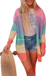 Women's Sweaters Hooever Women's Long Pastel Knitted Rainbow Striped Color Block Cardigan Sweater