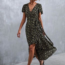 Party Dresses Women Summer V Neck Short Sleeve Split Wrap Floral Maxi Dress Waist Tie Casual Flowy Long Boho Beach Femme Robe