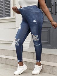 Pants Plus Size Women's Slim Fit Leggings Imitation Jeans Print Faux Broken Hole Design Stretchy Female Casual Knitwear Bottoms