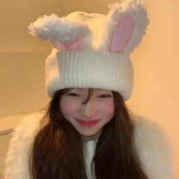 Berets Ears Plush Beanies Hats For Women Autumn And Winter Ins Korean Versatile Show Face Small Warm Casual Knitted Caps