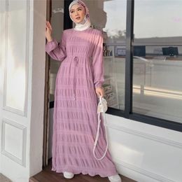 Ethnic Clothing Eid Muslim Dress For Women Abaya Chiffon O Neck Long Sleeve Robe Crinkle Femme Musulman Casual Summer Dresses Ramadan