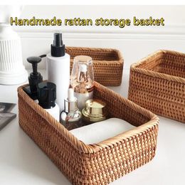 Hand-woven Rattan Wicker Basket Fruit Tea Snack Bread Basket Cosmetic Rectangular Storage Box Household Kitchen Supplies 240220