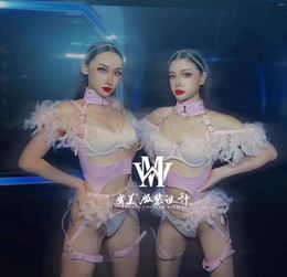 Stage Wear Costume Performance Dress Pink Sexy Leather Feather Set Bikini Gogo Women's Wet Body Party Valentine's Day