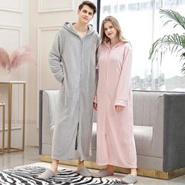 Men's Sleepwear Men Winter Plus Size Hooded Zipper Long Warm Coral Fleece Bathrobe Shell Dressing Gown Women Thermal Flannel Bath Robe