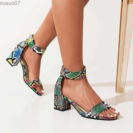 Sandals LeShion Of Chanmeb Big Plus Size 48 Women Snake Skin Pattern Sandals Zipper Block High Heels Ladies Summer Sandals Footwear 2022L2402