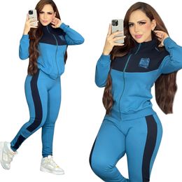 Pantaloni da donna in due pezzi Tuta da corsa blu da mattina Giacca da jogging casual con cerniera e set di pantaloni sportivi firmati Spedizione gratuita