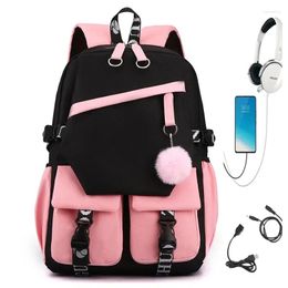 School Bags High Backpack For Girls Teenager Middle Student USB Charging Campus Nylon Pink Back Pack Women