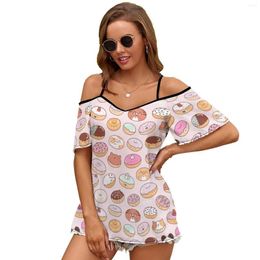 Womens T Shirts Mmm.. Donuts! Print O-Neck Off-The-Shoulder Top Short-Sleeved T-Shirt Ladies Streetwear Kawaii Cute Donuts Donut Pastel