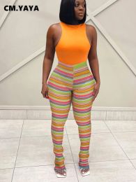 Capris CM.YAYA Streetwear Rainbow Striped Knit Ribbed Ruched Flare Legging Pants INS Active Sport Stretch High Waist Stacked Trousers