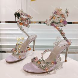 Rene Caovilla Sandals with Flower Bouquet Designer Womens Dress Shoes 105mm stiletto heels Snake Wrapped Feet High heel Evening Slingbacks 35-43 factory footwear