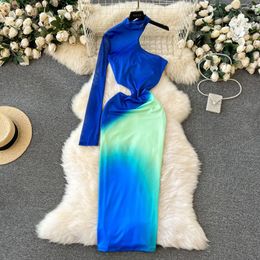 Casual Dresses Foamlina One-side Off Shoulder Long Dress Wasit Hollow Out Exposed Irregular Slim Fit Bodycon Fashion Fall Spring