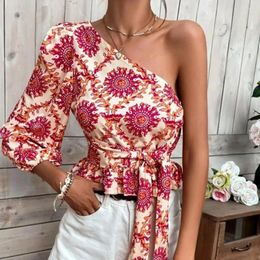 Women's Blouses Women Pattern Print One Shoulder Blosues Sexy Skew Collar Waist Lace-up T-Shirt Top Fashion Casual Office Long Sleeve Blusas