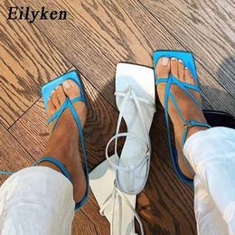 Sandals Eilyken New Fashion Pinch Narrow Band Womens Sandals 2024 Summer Square Open Bracelet Buckle High Heels Womens Shoes J240224