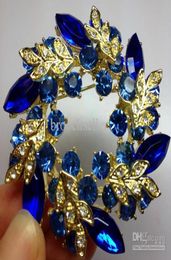 Gold Tone Royal Blue Rhinestone Crystal Diamante Wreath Flower Party Diamante Brooch Pin4273874