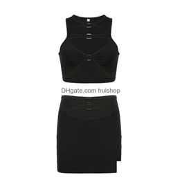 Two Piece Dress Hollow Out Sexy Sets Black Women Club Outfits Sleeveless Crop Top And Mini Bodycon Skirts Y2K Clothes 2023 Drop Deli Dhake