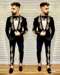 Suits Black Gold Appliques Men Suits 2 Pieces Palace Custom Made Handsome Wedding Suits Fit Slim Formal Casual Coat+Pants Tailored