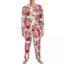 Men's Sleepwear Tropical Baroque Floral Pajama Set Vintage Pink Roses Romantic Male Long Sleeves Aesthetic Sleep Two Piece Home Suit