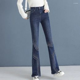 Women's Jeans Trousers With Rhinestones High Waist S Pockets Flare Bell Bottom Flared Blue Pants For Woman Luxury Designer R