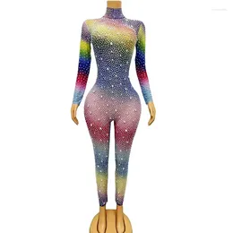 Stage Wear Luxury Colorful Rhinestone Stretch Tight Jumpsuit Women Birthday Party Celebrate Crystal Outfit Singer Dance Performance Leotard