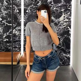 Women's Knits Designer Brand O-Neck Short Sleeve Knit Diamond Beading Grey Knitted Cardigans Luxury Slim Sweater 2024 Fall Winter