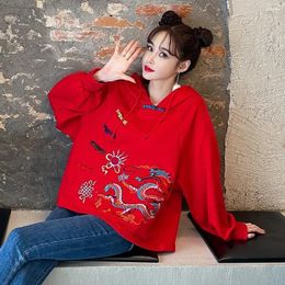 Women's Hoodies 2024 Vintage Embroidery Plus Size Sweatshirt Women Long Sleeve Loose Chinese Style Buckle Casual Female Pullover Top