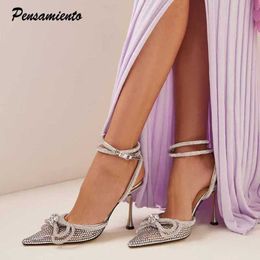 Sandals Brand Bling Rhinestones Double Bow Womens Pump Sexy Ankle Strap Thin High Heels Shoes Mule Summer Wedding Bridal Shoes J240224