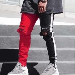 Men's Jeans Mens Black Red Patch Stitch Denim Pants Autumn Foot Zipper Ripped Hip Hop Vintage Skinny Man Pantalones Hombre